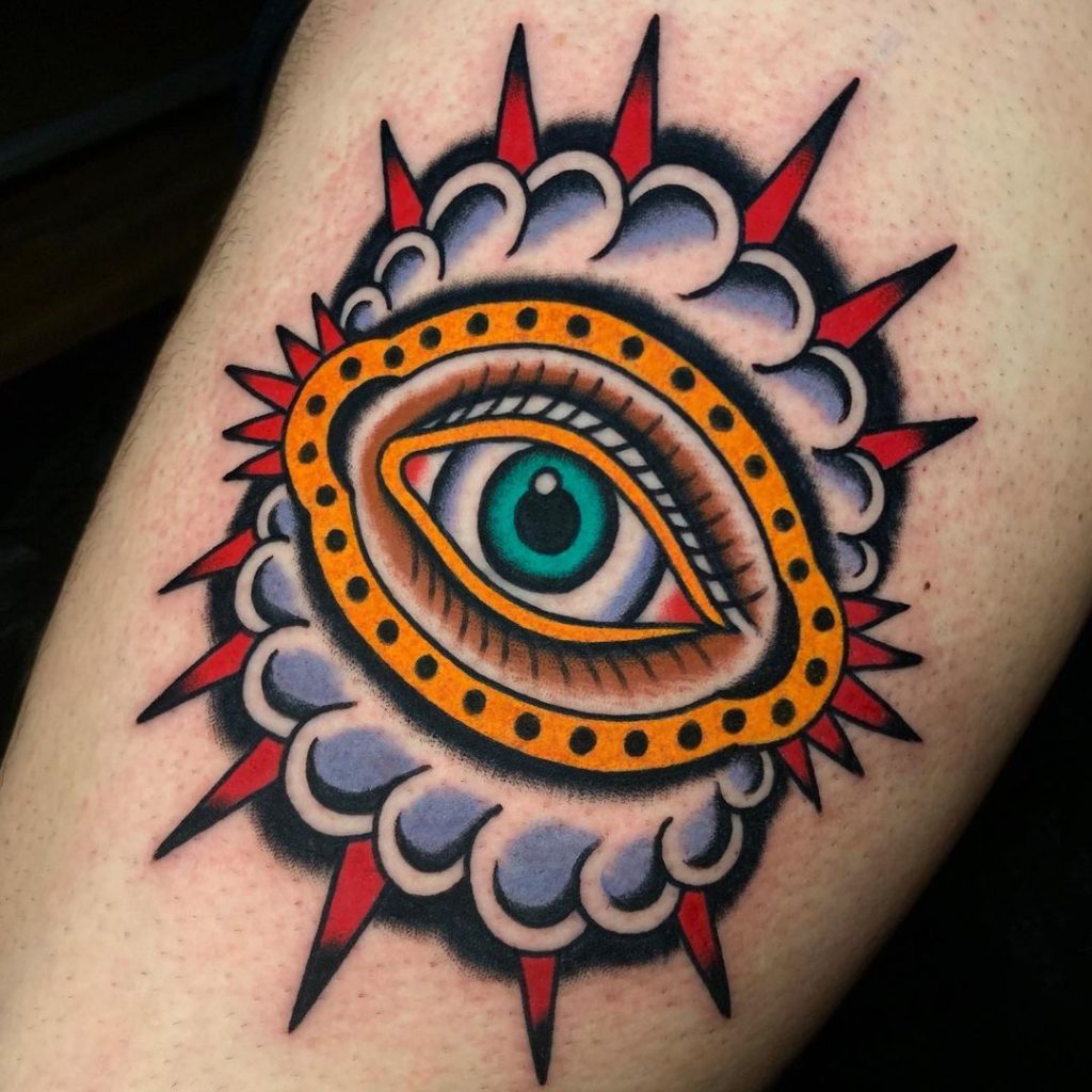 A turquoise eye small traditional tattoo