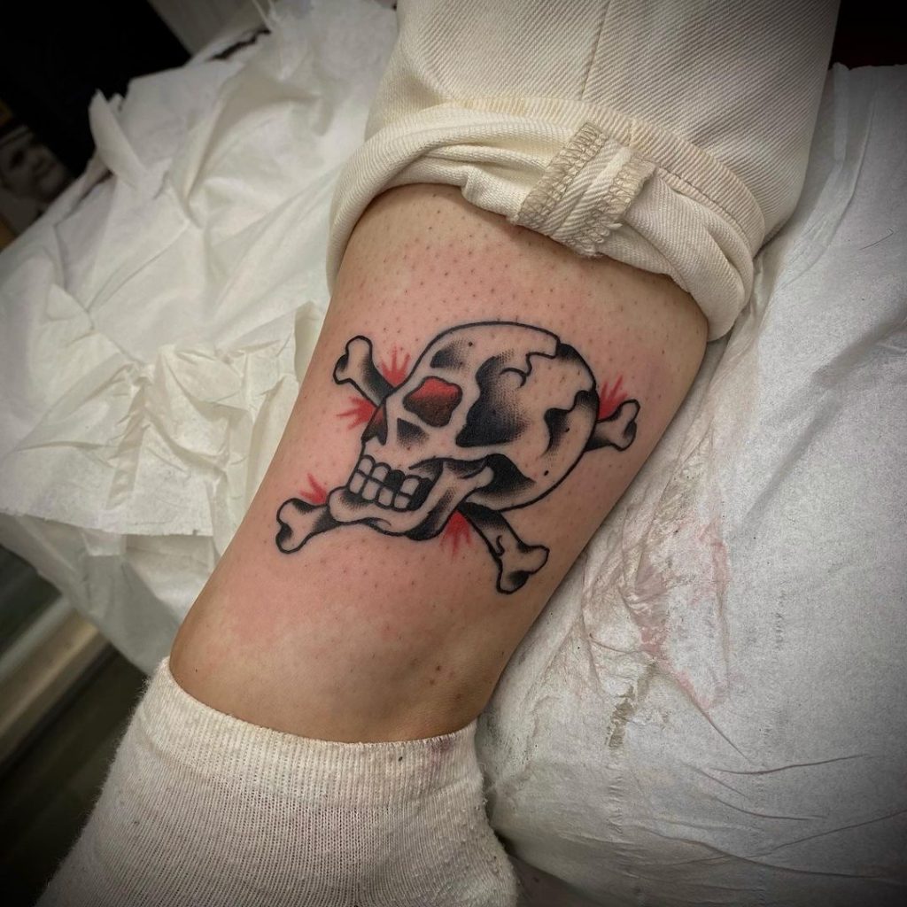 A bloody small skull tattoo