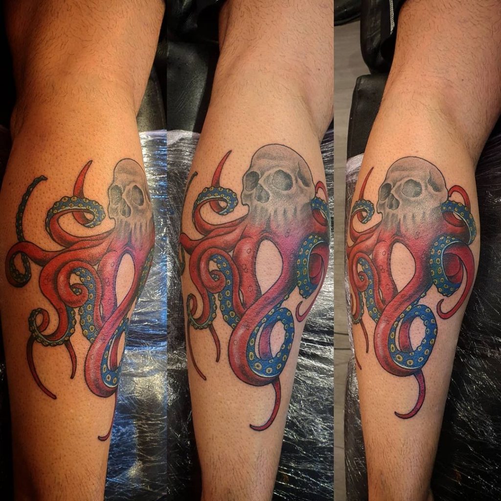 An octopus small skull tattoo