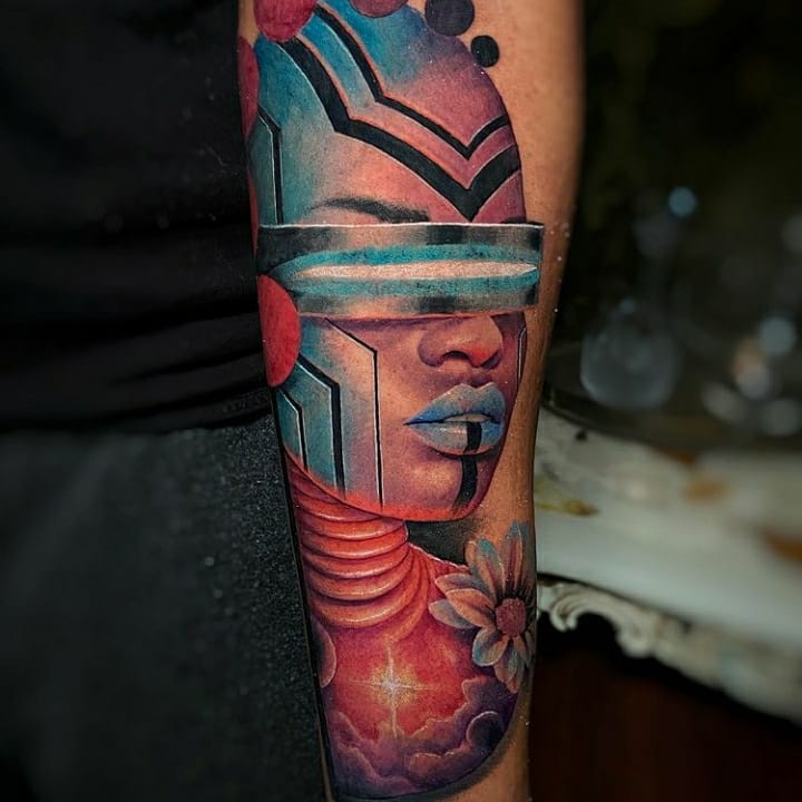 Space color tattoos on dark skin